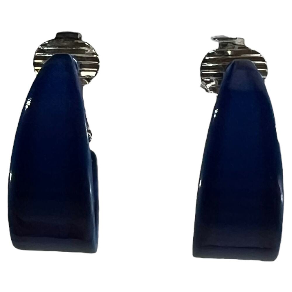 Vintage Blue Metal Chunky Clip-On Hoop Earrings